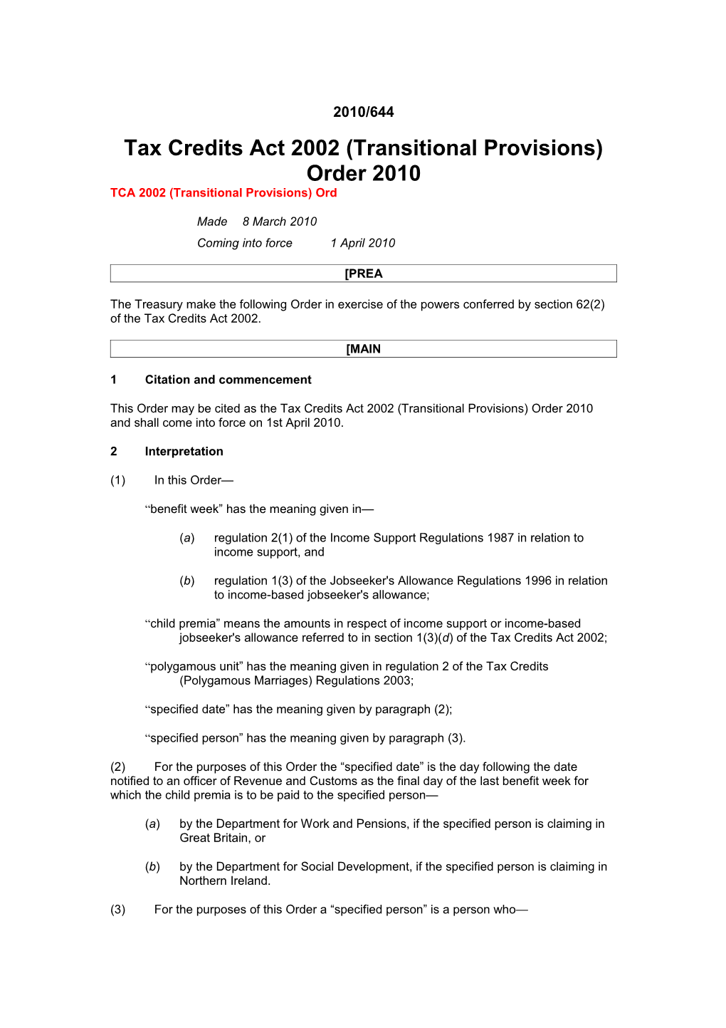 Tax Credits Act 2002 (Transitional Provisions) Order 2010