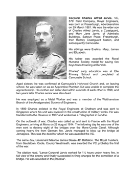 Corporal Charles Alfred Jarvis, VC, 57Th Field Company, Royal Engineers, Was Born at Fraserburgh, Aberdeenshire on 29 March 1881