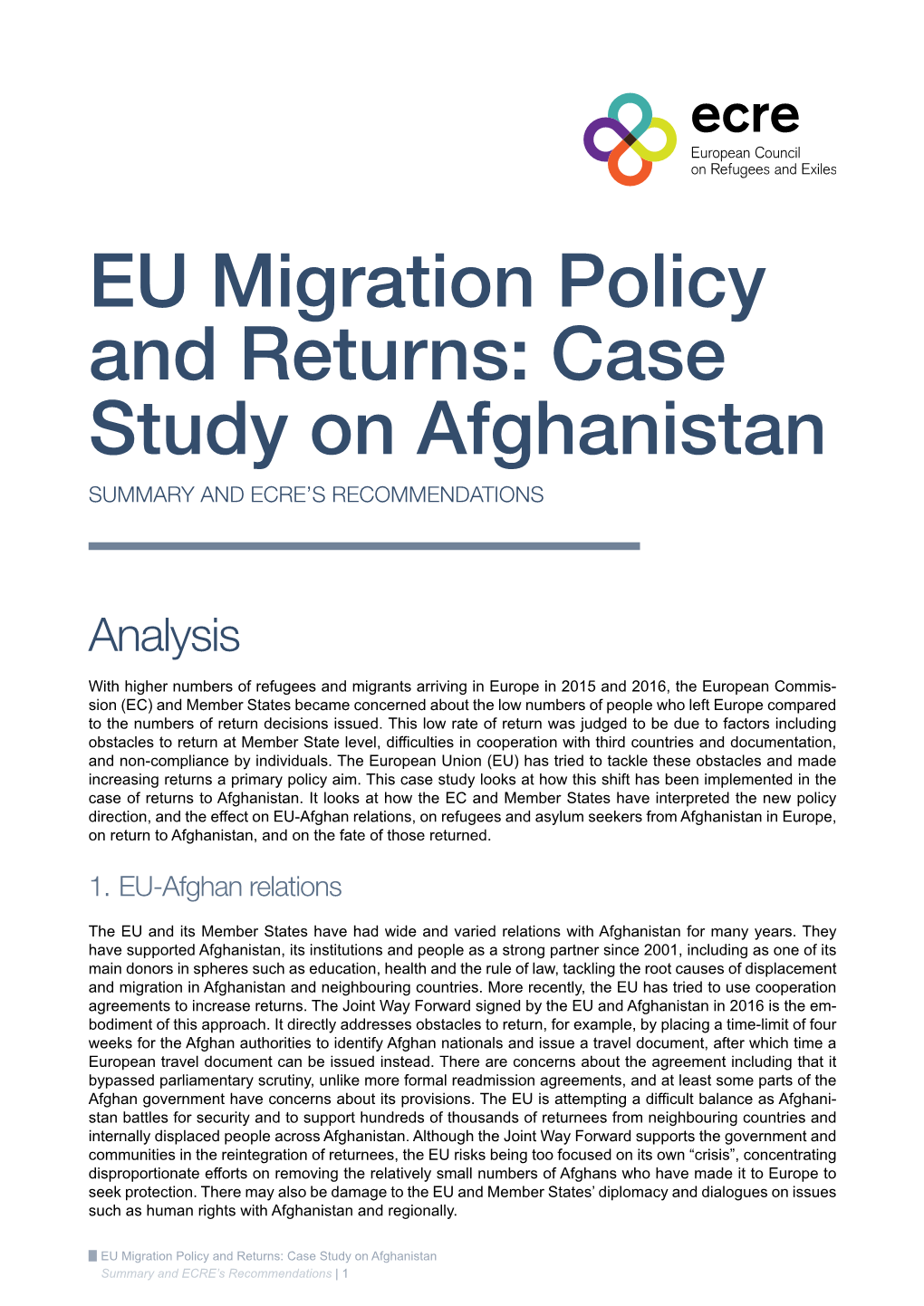 Case Study on Afghanistan SUMMARY and ECRE’S RECOMMENDATIONS