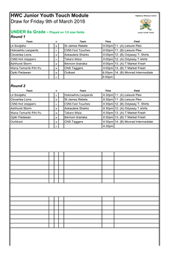 HWC Junior Youth Touch Module Draw for Friday 9Th of March 2018