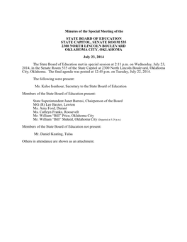 Minutes of the Special Meeting of the State Board of Education July 23, 2014