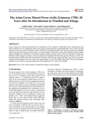The Asian Green Mussel Perna Viridis (Linnaeus 1758): 20 Years After Its Introduction in Trinidad and Tobago