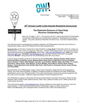 26Th Annual Lucille Lortel Awards Recipients Announced The