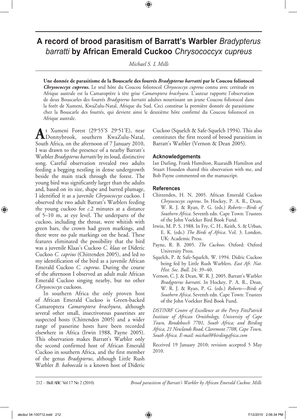 A Record of Brood Parasitism of Barratt's Warbler Bradypterus