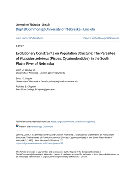 Evolutionary Constraints on Population Structure: the Parasites of Fundulus Zebrinus (Pisces: Cyprinodontidae) in the South Platte River of Nebraska