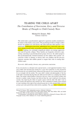 TEARING the CHILD APART the Contribution of Narcissism, Envy, and Perverse Modes of Thought to Child Custody Wars