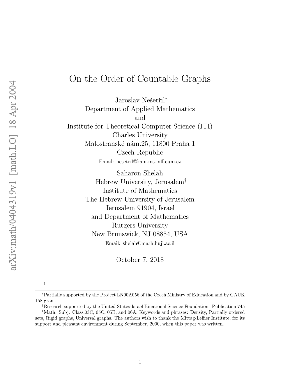 [Math.LO] 18 Apr 2004 on the Order of Countable Graphs