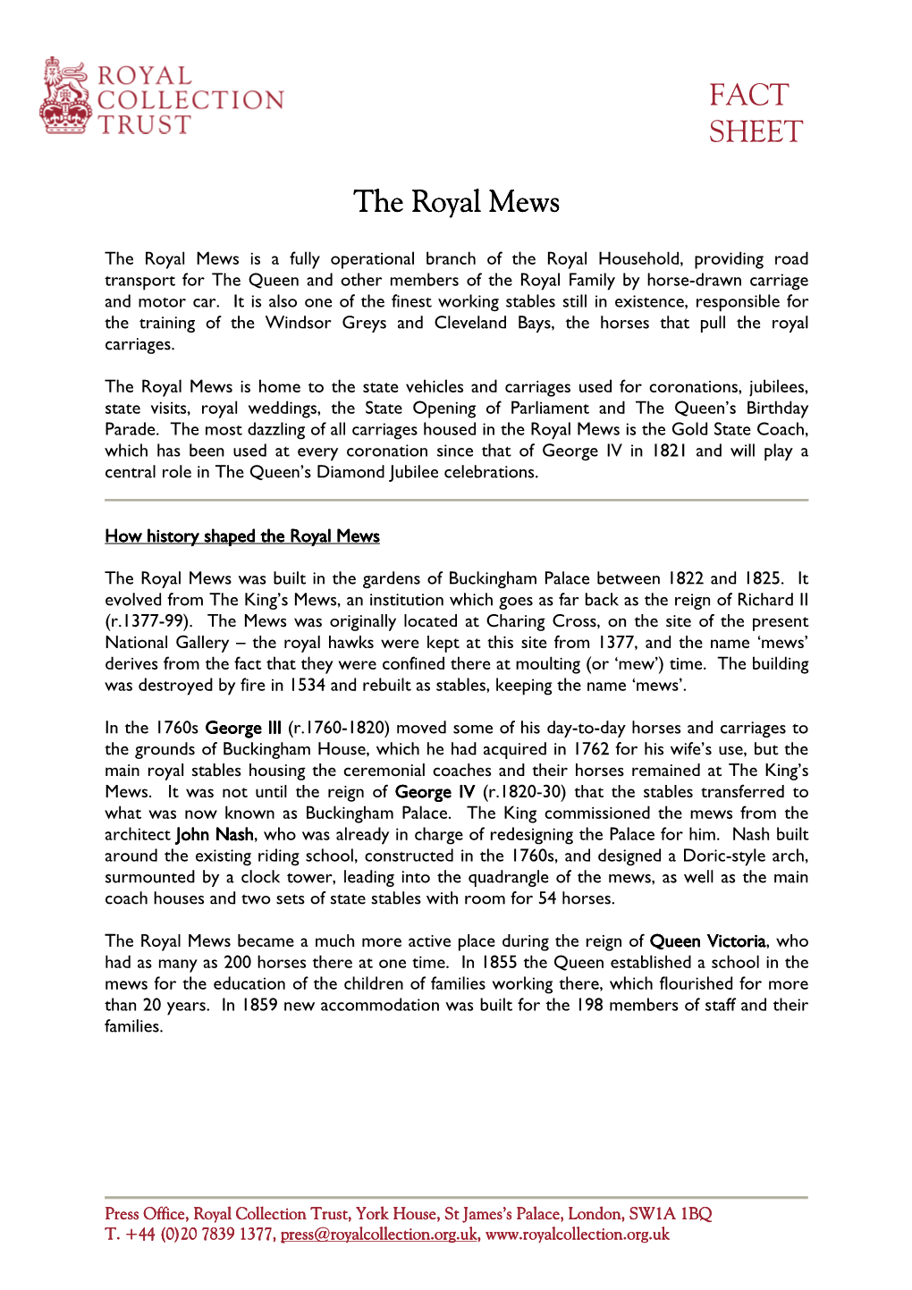 FACT SHEET the Royal Mews the Royal Mews