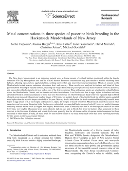 Metal Concentrations in Three Species of Passerine Birds Breeding in the Hackensack Meadowlands of New Jersey