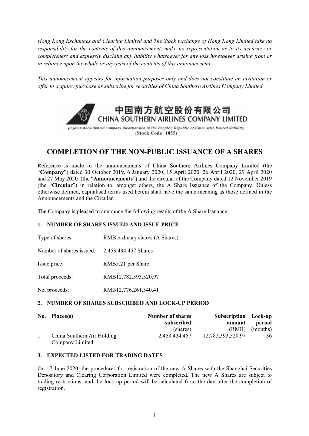 Completion of the Non-Public Issuance of a Shares