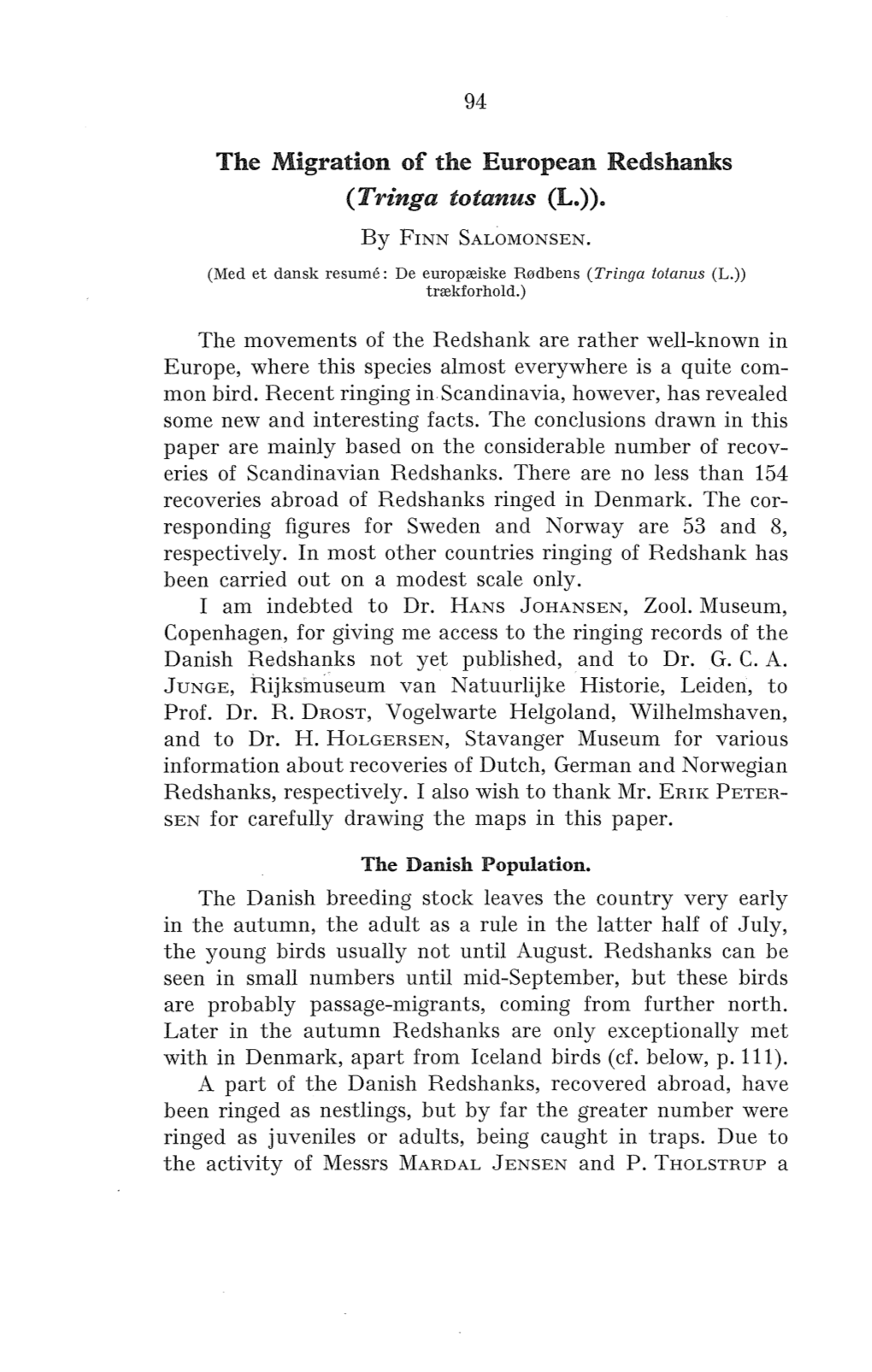 The Migration of the European Redshanks (Tringa Totanus (L.)). by FINN SALOMONSEN