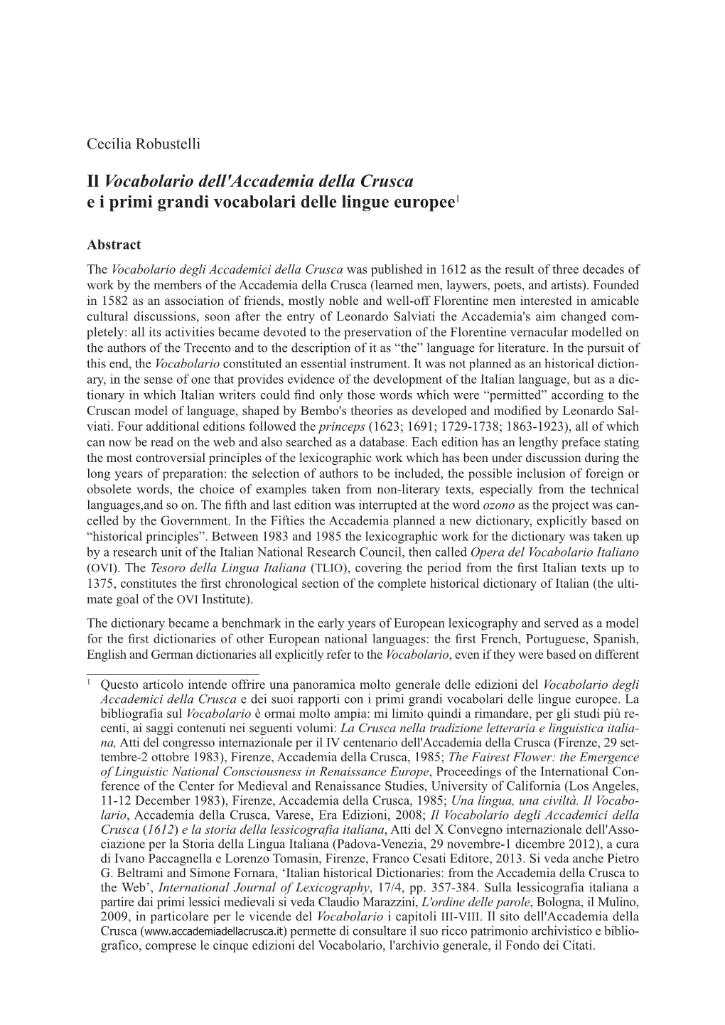 Il Vocabolario Dell'accademia Della Crusca E I Primi Grandi Vocabolari Delle Lingue Europee1