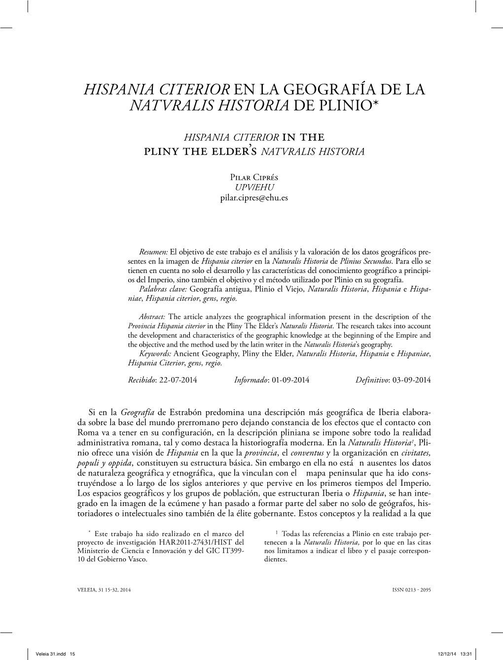Hispania Citerior En La Geografía De La Natvralis Historia De Plinio*