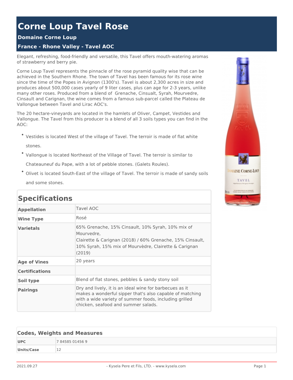 Corne Loup Tavel Rose Domaine Corne Loup France - Rhone Valley - Tavel AOC