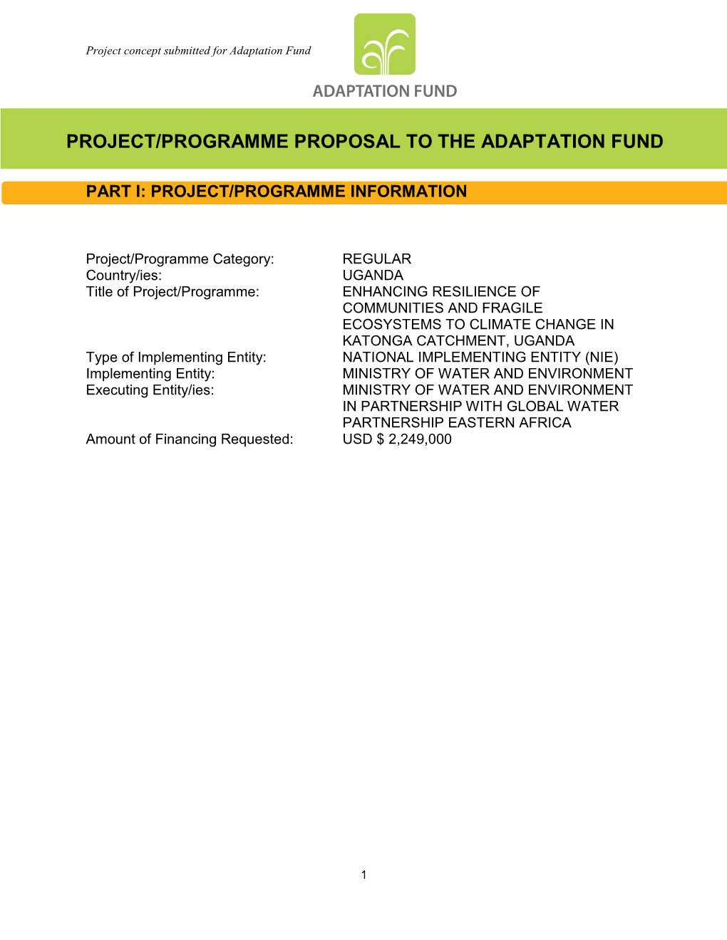 Project/Programme Proposal to the Adaptation Fund