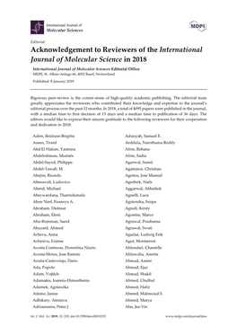 Acknowledgement to Reviewers of the International Journal of Molecular Science in 2018 International Journal of Molecular Sciences Editorial Office MDPI, St