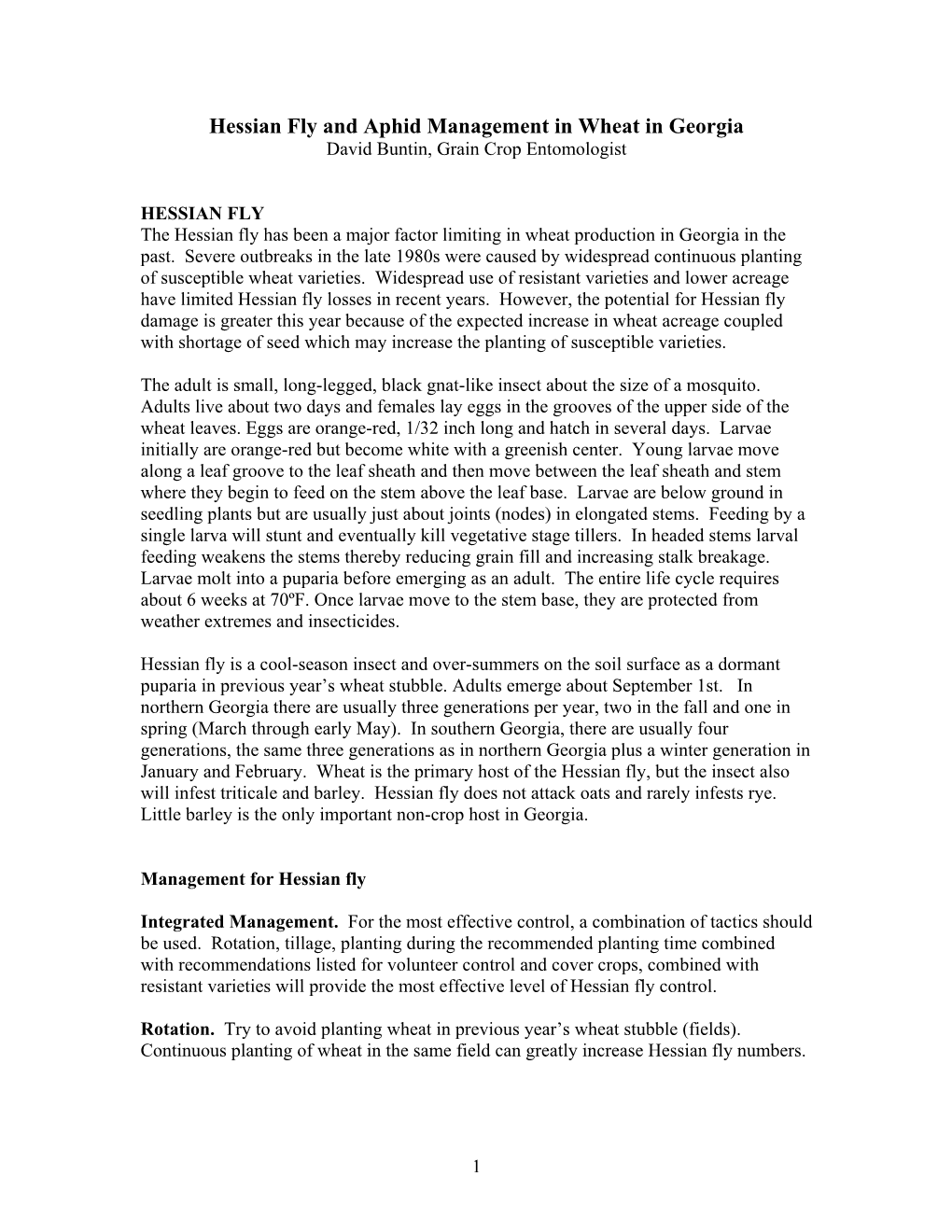 Hessian Fly and Aphid Management in Wheat in Georgia David Buntin, Grain Crop Entomologist