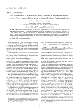 The Potential Use of Methotrexate in the Treatment of Falciparum Malaria: in Vitro Assays Against Sensitive and Multidrug-Resistant Falciparum Strains O