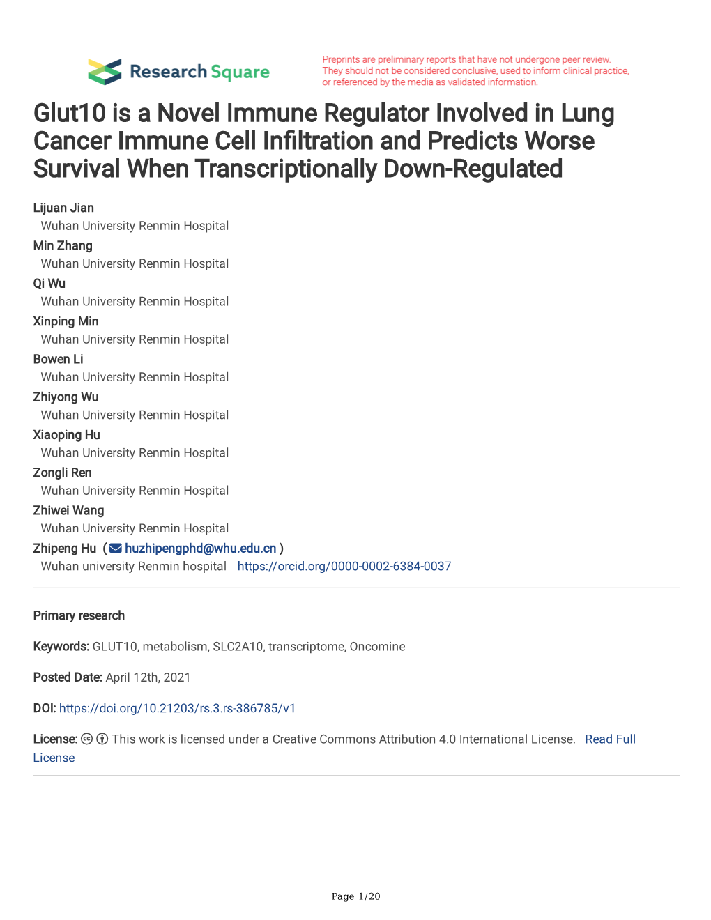 Glut10 Is a Novel Immune Regulator Involved in Lung Cancer Immune Cell Infltration and Predicts Worse Survival When Transcriptionally Down-Regulated