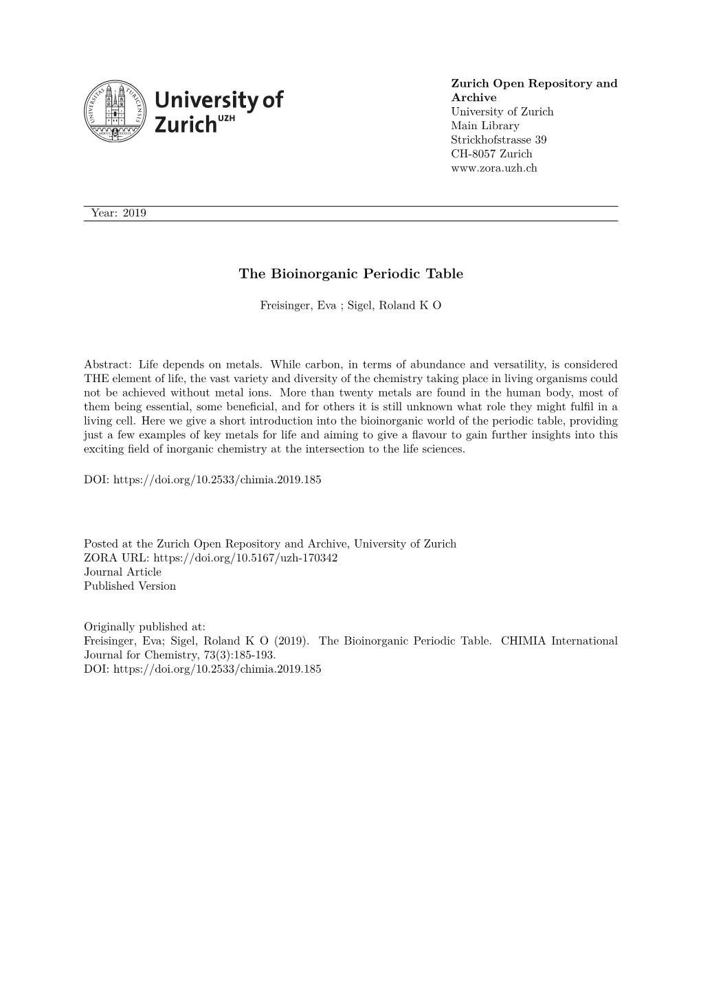 The Bioinorganic Periodic Table