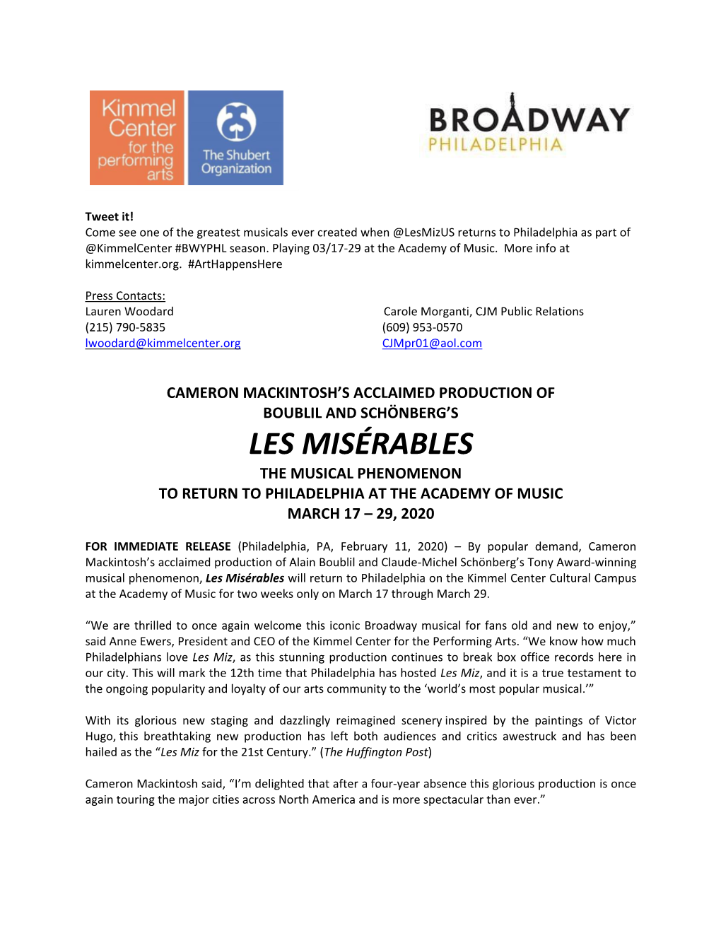 Les Misérables the Musical Phenomenon to Return to Philadelphia at the Academy of Music March 17 – 29, 2020