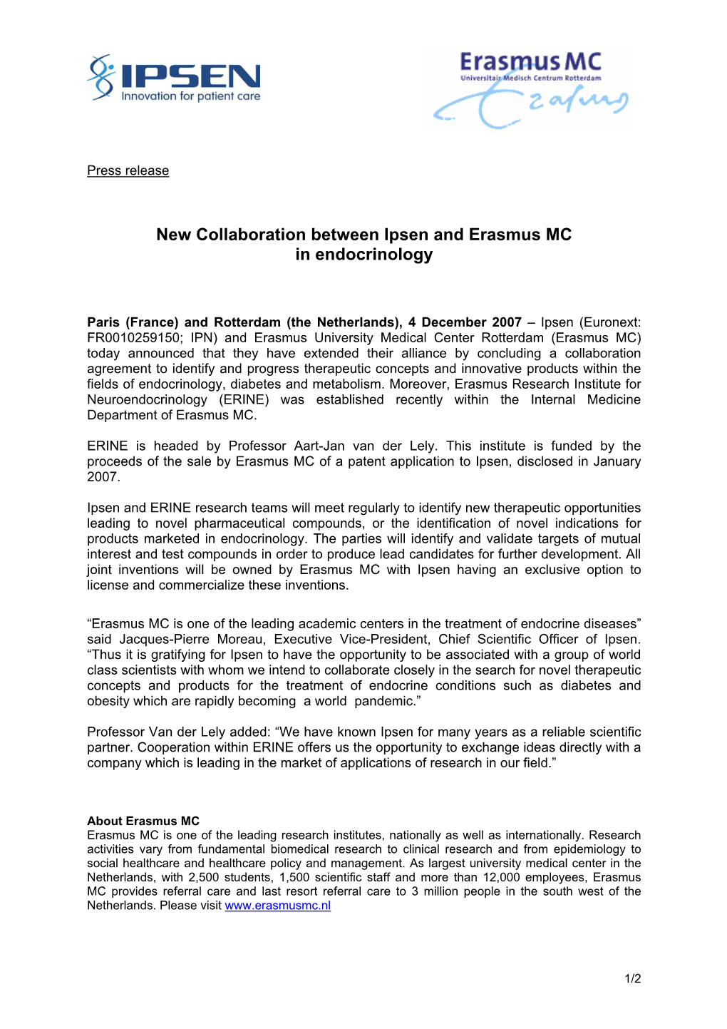 New Collaboration Between Ipsen and Erasmus MC in Endocrinology