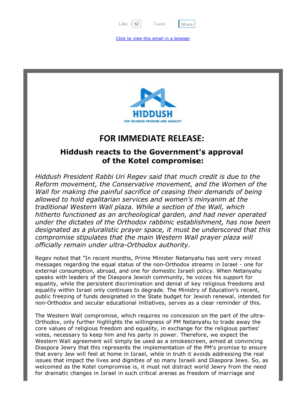 FOR IMMEDIATE RELEASE: Hiddush Reacts to the Government's Approval of the Kotel Compromise