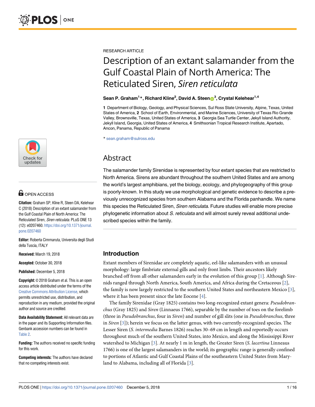 Description of an Extant Salamander from the Gulf Coastal Plain of North America: the Reticulated Siren, Siren Reticulata