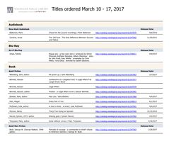 Titles Ordered March 10 - 17, 2017