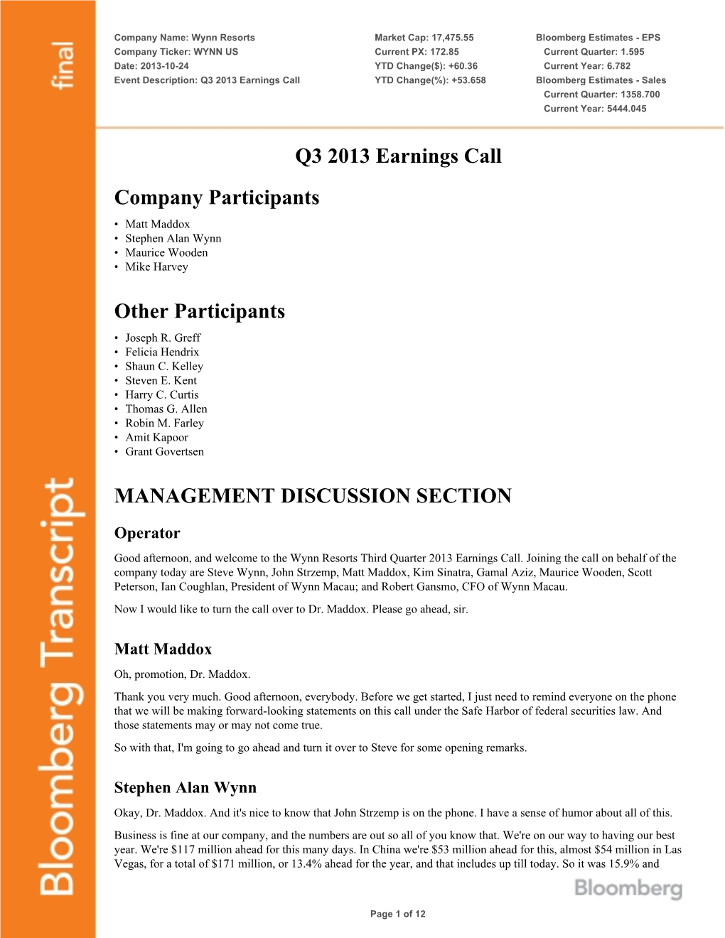 Q3 2013 Earnings Call YTD Change(%): +53.658 Bloomberg Estimates - Sales Current Quarter: 1358.700 Current Year: 5444.045