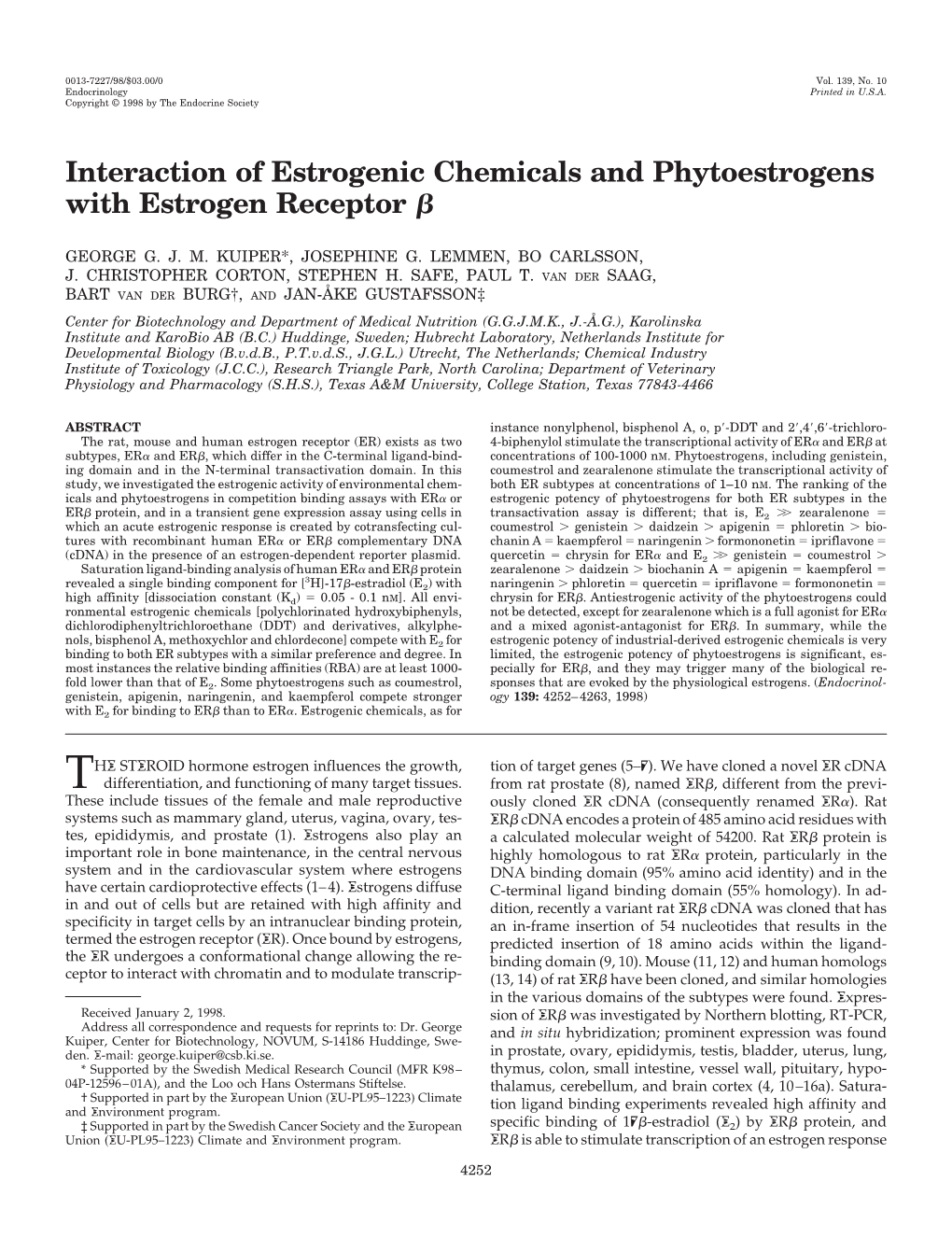 Interaction of Estrogenic Chemicals and Phytoestrogens with Estrogen Receptor ␤