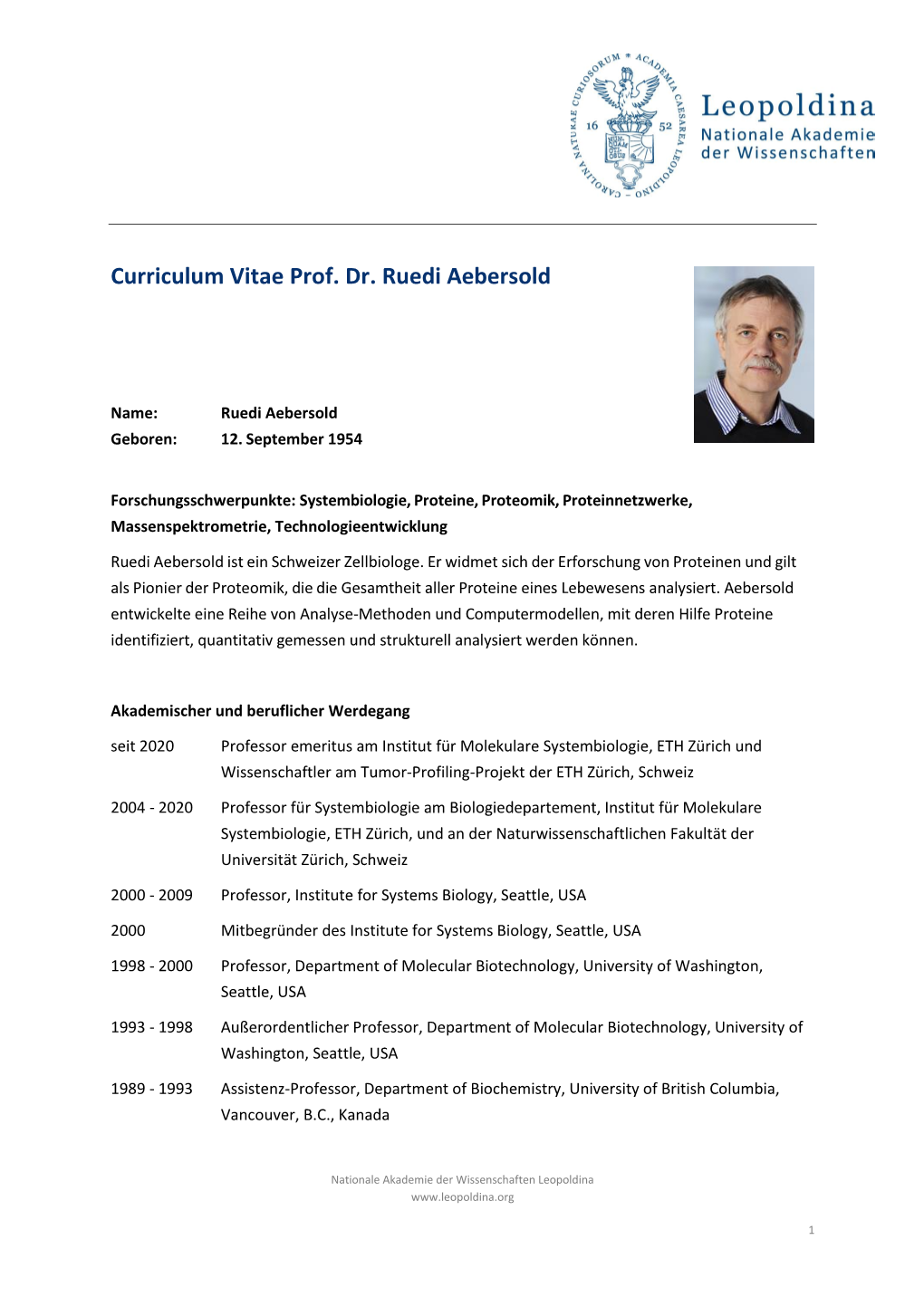 Curriculum Vitae Prof. Dr. Ruedi Aebersold
