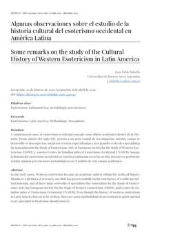 Algunas Observaciones Sobre El Estudio De La Historia Cultural Del Esoterismo Occidental En América Latina Some Remarks On