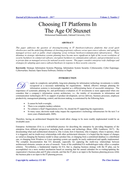 Choosing IT Platforms in the Age of Stuxnet Mohammad Dadashzadeh, Oakland University, USA