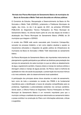 Revisão Dos Planos Municipais De Saneamento Básico De Municípios Da Bacia Do Sorocaba E Médio Tietê Será Discutida Em Oficinas Públicas