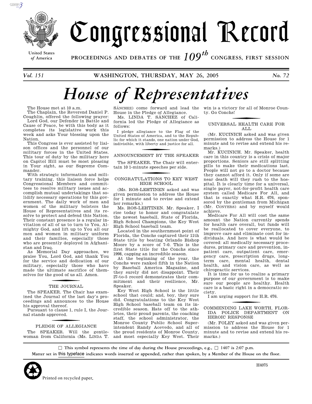 Congressional Record United States Th of America PROCEEDINGS and DEBATES of the 109 CONGRESS, FIRST SESSION