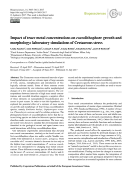 Impact of Trace Metal Concentrations on Coccolithophore Growth and Morphology: Laboratory Simulations of Cretaceous Stress