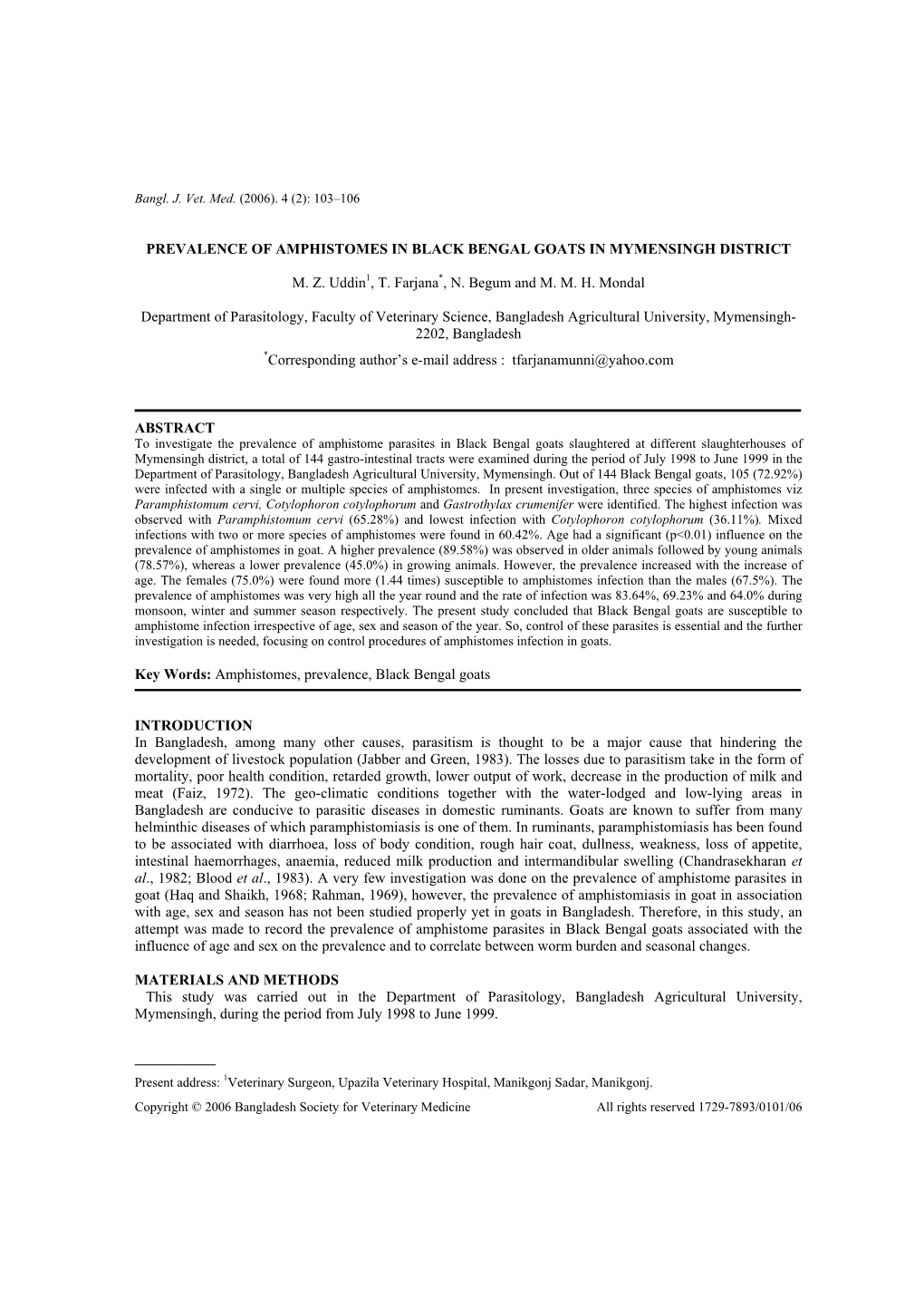 Studies on the Prevalence of Amphistomosis in Black Bengal Goats