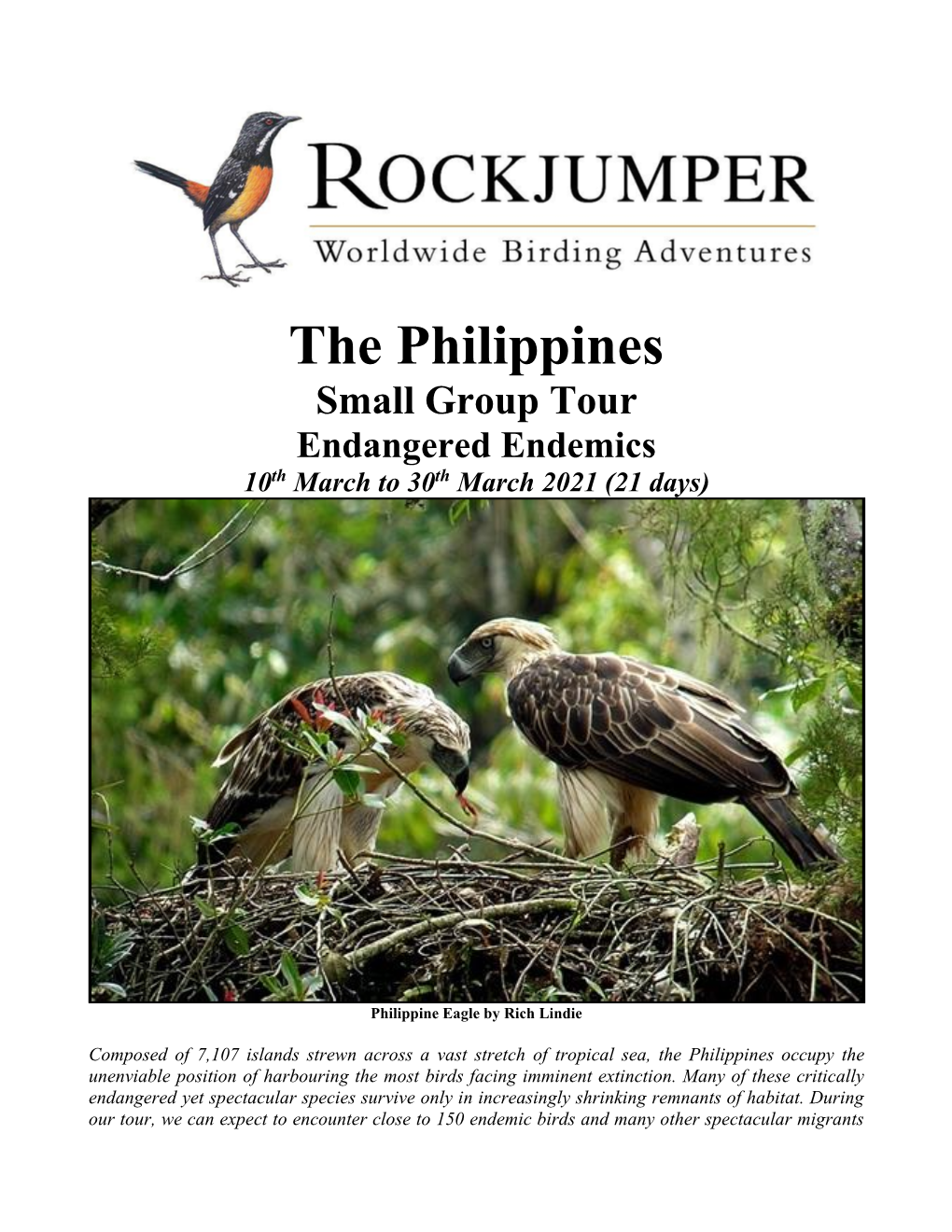 The Philippines Small Group Tour Endangered Endemics 10Th March to 30Th March 2021 (21 Days)