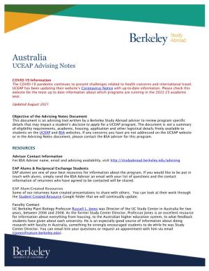 Australia UCEAP Advising Notes