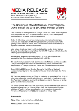 Peter Varghese AO to Deliver the 2013 Sir James Plimsoll Lecture