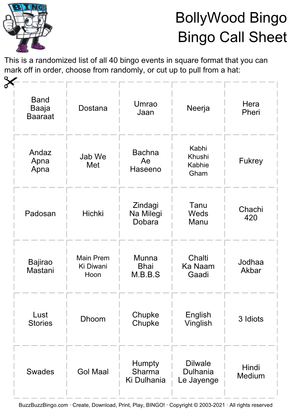 Bollywood Bingo Bingo Call Sheet