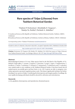 Rare Species of Tulipa (Liliaceae) from Tashkent Botanical Garden