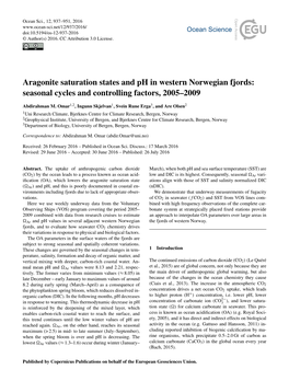 Aragonite Saturation States and Ph in Western Norwegian Fjords: Seasonal Cycles and Controlling Factors, 2005–2009