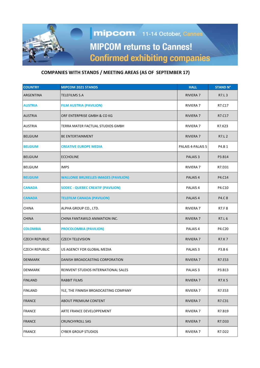 List of Exhibiting Companies Registered As of August 30