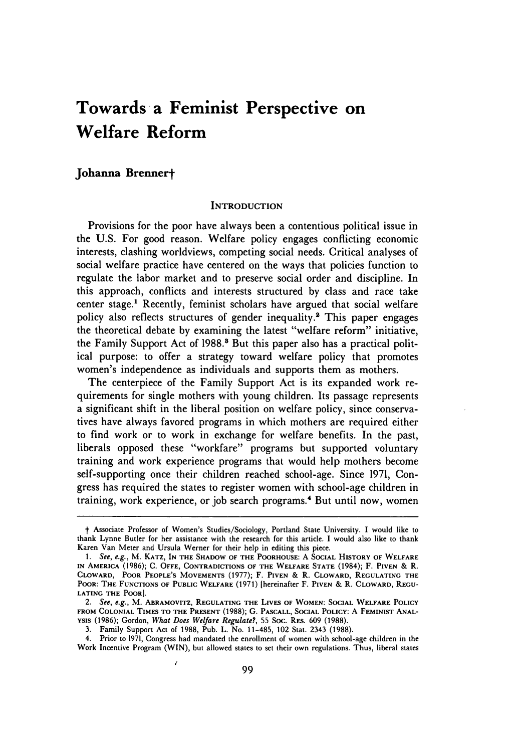 Towards a Feminist Perspective on Welfare Reform