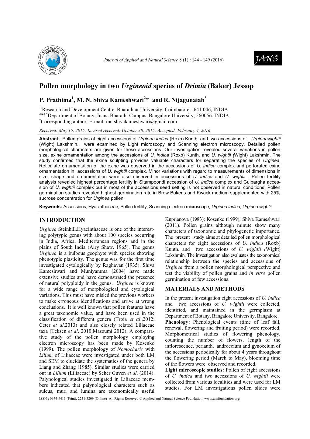 Pollen Morphology in Two Urgineoid Species of Drimia (Baker) Jessop