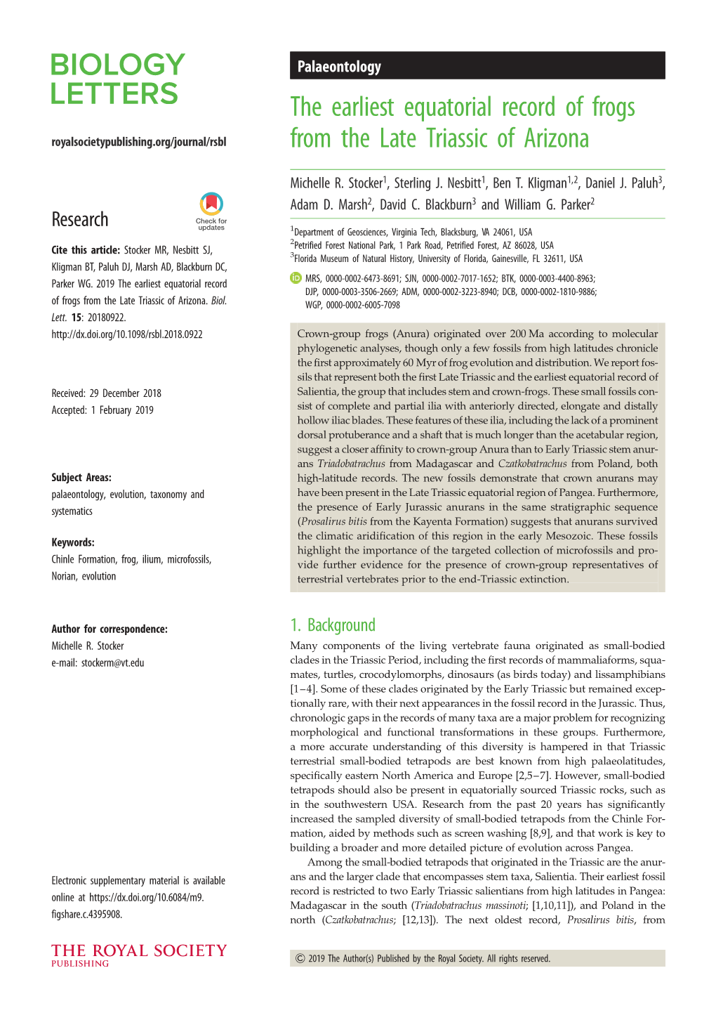 The Earliest Equatorial Record of Frogs from the Late Triassic of Arizona