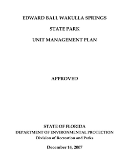 Edward Ball Wakulla Springs State Park Unit Management Plan Approved