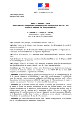 ARRÊTÉ PRÉFECTORAL Autorisant À Titre Dérogatoire La Tenue De Marchés Alimentaires En Indre-Et-Loire Pendant La Période D’État D’Urgence Sanitaire